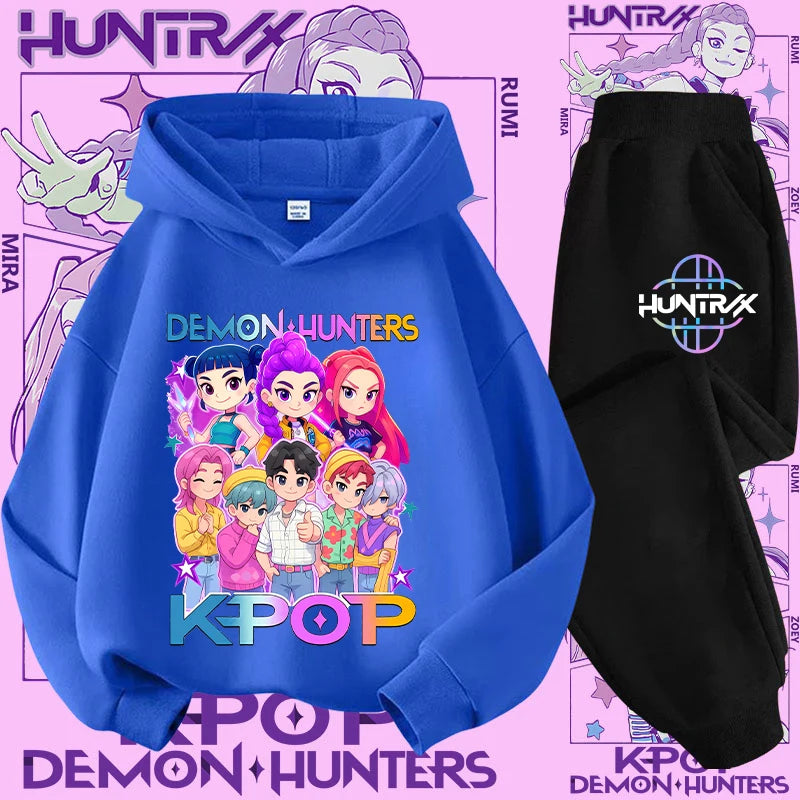 Ropa deportiva para niñas de 2 a 12 años, conjunto de 2 piezas, Top informal bonito, K-pop Demon Hunter, conjunto de camisa con capucha estampada, traje de pantalón, chándal