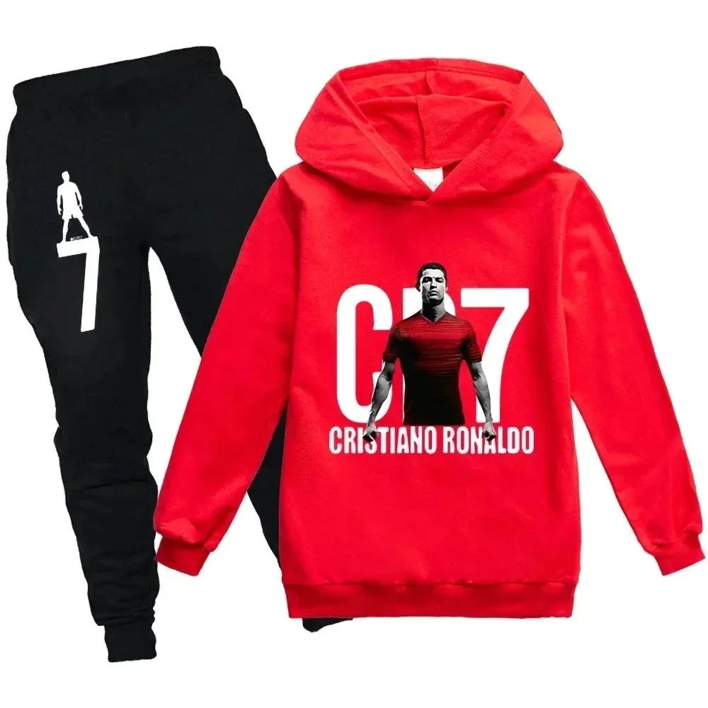 Conjunto de Sudadera con Capucha y Pantalones con Estampado de Fútbol CR7 para Niños de 3 a 12 Años, Primavera-Otoño, 2 Piezas, Conjunto Infantil, Trajes de Pantalones, Ropa para Niños