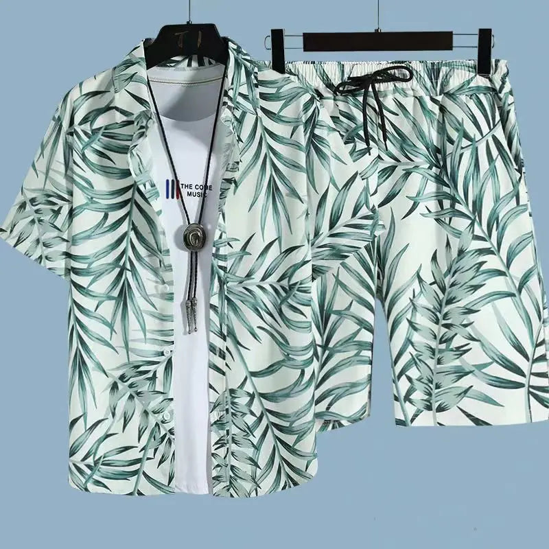Cómoda camisa con estampado 3D de árbol de coco y hojas de hierba y flores + Pantalones cortos, conjunto de dos piezas, camisas con cuello abatible de manga corta, medio pantalón