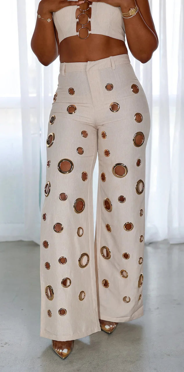 CM.YAYA-Conjunto de dos piezas para mujer, Top sin mangas y pantalones de pierna ancha, traje calado con agujeros, chándal de calle Sexy de verano