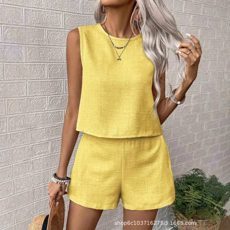Conjunto de Top sin Mangas y Pantalones Cortos para Mujer, Estilo Europeo Americano, Verano 2026, Color Sólido, Simple y Moderno, Informal para Diario