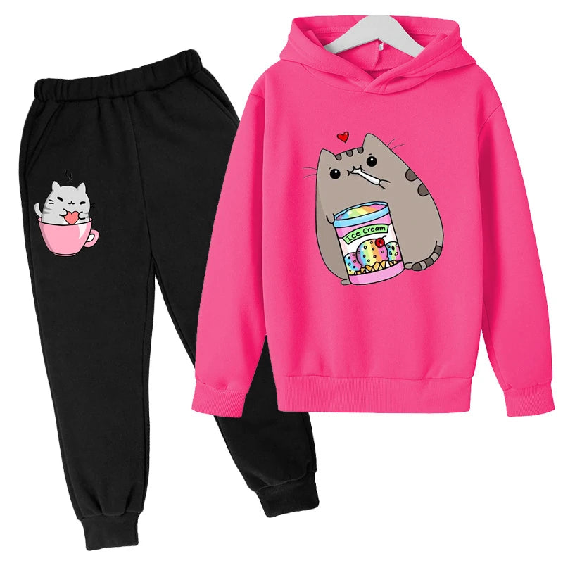 Sudadera con capucha con estampado de gato de Nutella para niños, ropa divertida para niñas y niños, conjuntos de ropa Harajuku Kawaii para niños, Invierno
