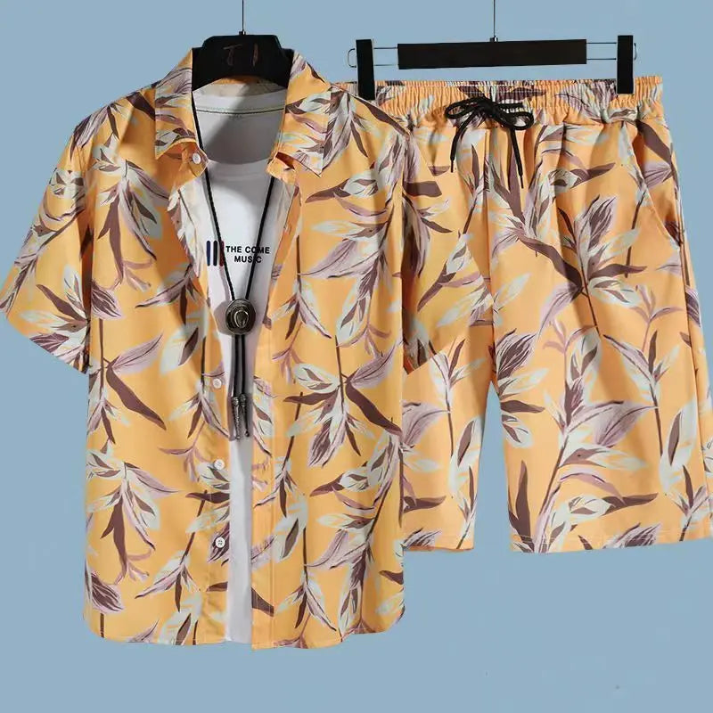 Cómoda camisa con estampado 3D de árbol de coco y hojas de hierba y flores + Pantalones cortos, conjunto de dos piezas, camisas con cuello abatible de manga corta, medio pantalón