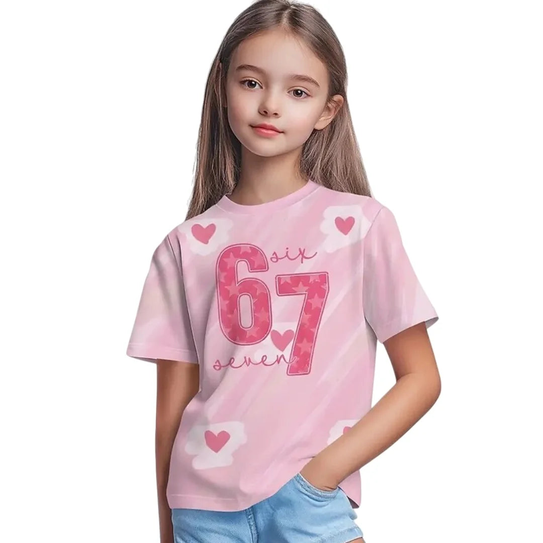 Nueva camiseta 67 Meme para niños y niñas, camisetas de manga corta con estampado 3D de tinta salpicada a la moda para niñas, Top de cuello redondo, ropa holgada para niños
