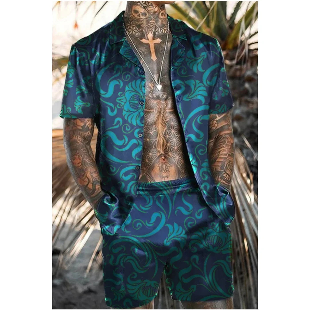 Conjunto Hawaiano 3D Étnico Retro Hombre | Camisa Flores + Pantalón Corto