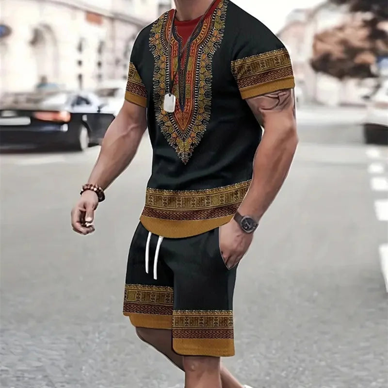 2024 de moda para hombre, ropa deportiva, camiseta de manga corta y pantalones cortos deportivos de verano, traje de retazos Vintage Casual, traje de dos piezas para hombre