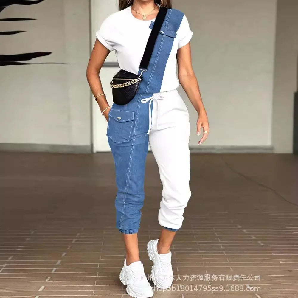 Conjunto de Ropa para Mujer, Color Sólido, Cuello Redondo, Camiseta de Manga Corta, Pantalones Cargo con Múltiples Bolsillos