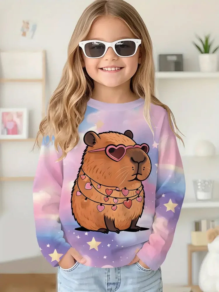 Camiseta de capibala de animales de dibujos animados, camisetas con cuello redondo, camiseta de moda de manga larga, ropa para niños y niñas de 7 a 8 años, ropa para niños