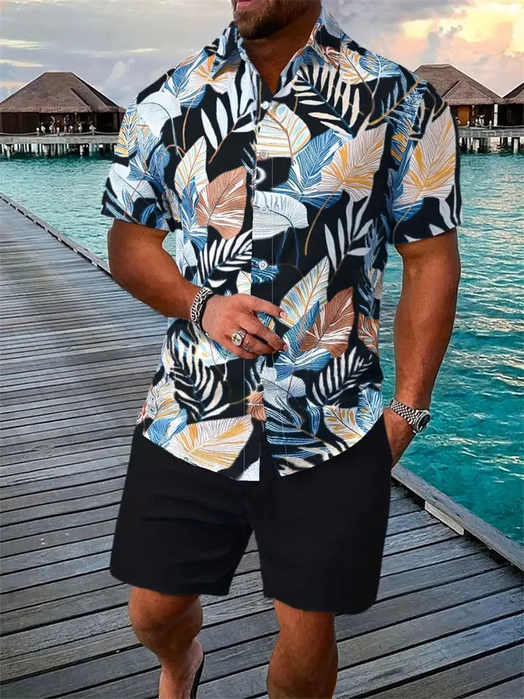 Conjunto Hombre Verano Playa Hawaiano Oversize – Camisa Manga Corta + Shorts Estampado 3D (2 Piezas)