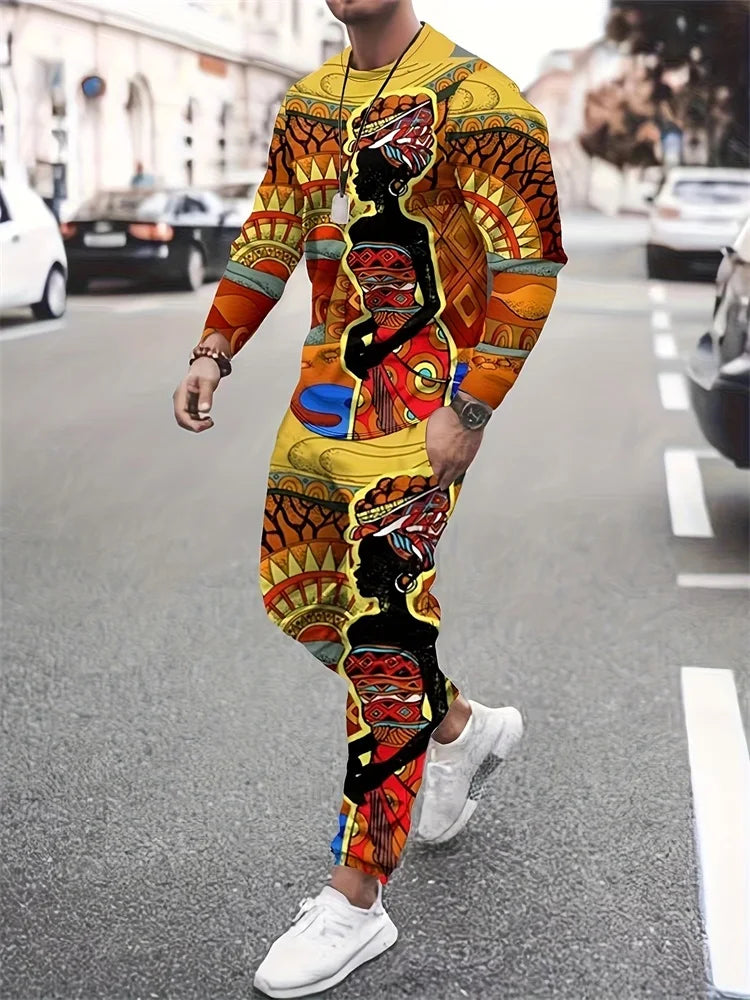 Camiseta de manga larga para hombre, conjuntos de pantalones informales para todos los días, con estampado de los indios africanos, a la moda, primavera y otoño