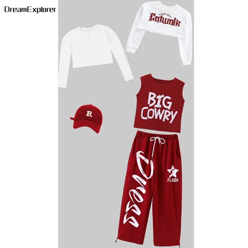 Top corto k-pop para niñas, pantalones deportivos con letras a la moda, conjuntos de ropa de grupo para niñas, ropa informal estilo Hip Hop, disfraces de Jazz para niños
