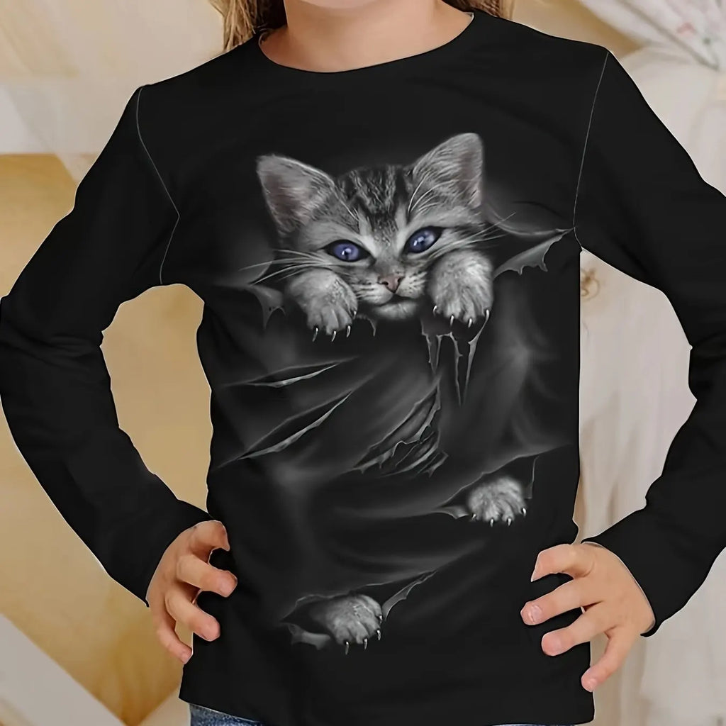 Camiseta de manga larga para niños y niñas, ropa informal con estampado de gato y cuello redondo de dibujos animados, Verano