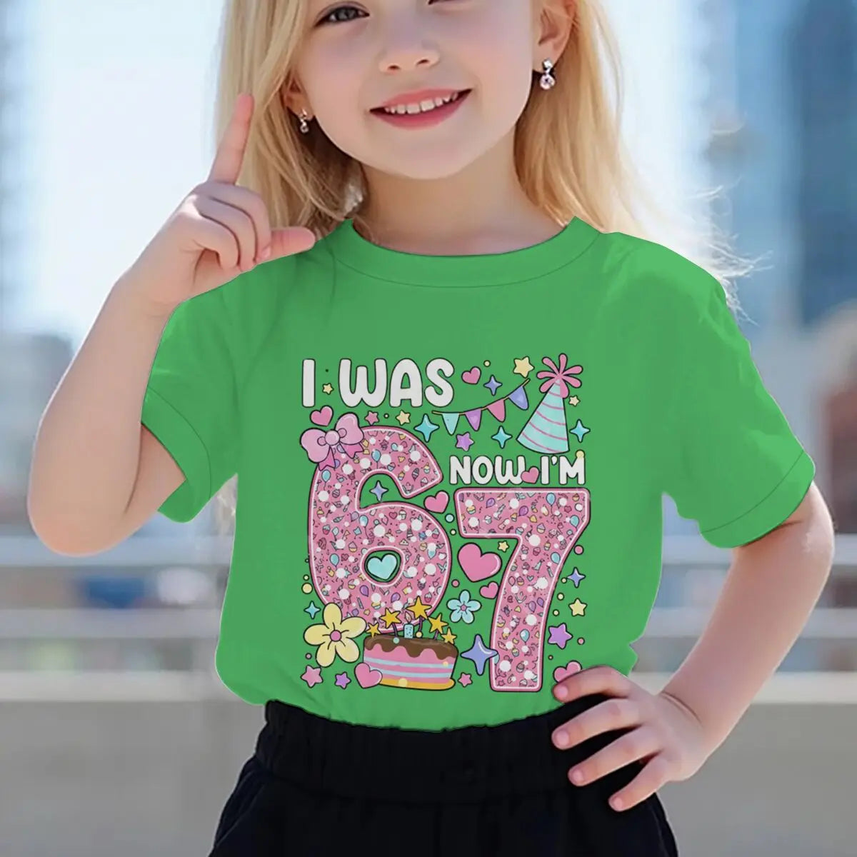 Camiseta para niñas con estampado de números, de algodón, de manga corta y cuello redondo, para el séptimo cumpleaños, con la frase 'I Was 6 Now I'm 7', para niñas de 7 años