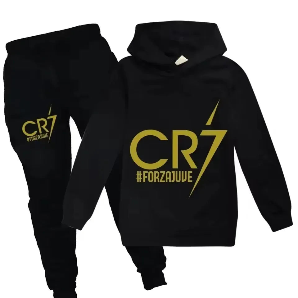 Conjunto de Sudadera con Capucha y Pantalones con Estampado de Fútbol CR7 para Niños de 3 a 12 Años, Primavera-Otoño, 2 Piezas, Conjunto Infantil, Trajes de Pantalones, Ropa para Niños