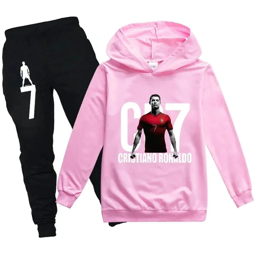 Conjunto de Sudadera con Capucha y Pantalones con Estampado de Fútbol CR7 para Niños de 3 a 12 Años, Primavera-Otoño, 2 Piezas, Conjunto Infantil, Trajes de Pantalones, Ropa para Niños