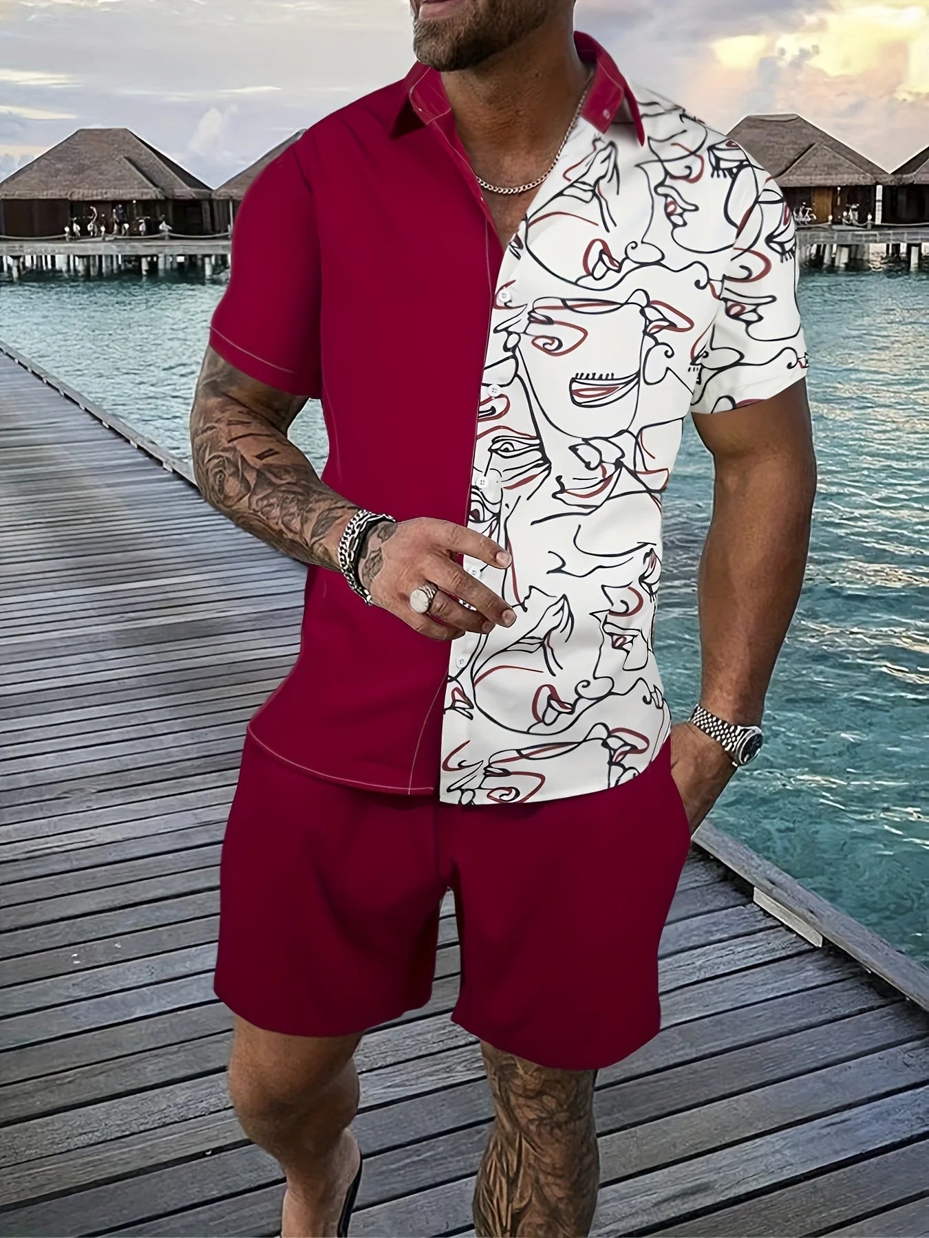 Conjunto Hawaiano Hombre – Camisa Manga Corta y Pantalón Corto de Playa