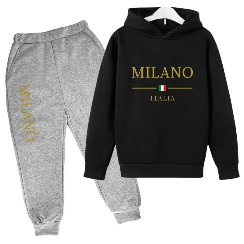 Sudadera con capucha y pantalones con estampado de letras de marca de moda, conjunto deportivo de 2 piezas para niños y niñas, ropa informal, conjunto infantil