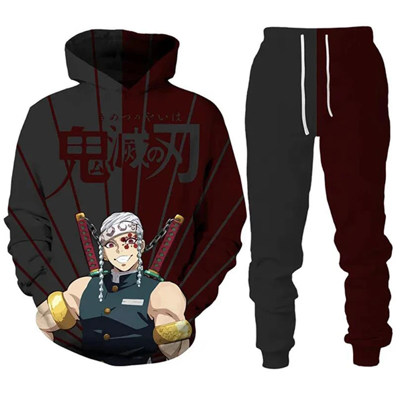 Sudaderas con capucha de Anime Demon Slayer, pantalones de Cosplay con estampado 3D + Sudadera con capucha, conjunto de 2 uds, chándal para hombre, ropa de calle Vintage de gran tamaño, conjuntos de pantalones con capucha