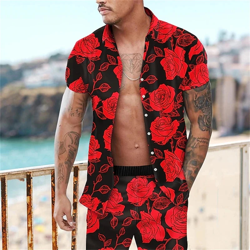 Camisa de manga corta de estilo de vacaciones de playa, conjunto de 2 piezas con estampado de árbol de coco de verano, camisa de un solo botonadura y pantalones cortos con cordón