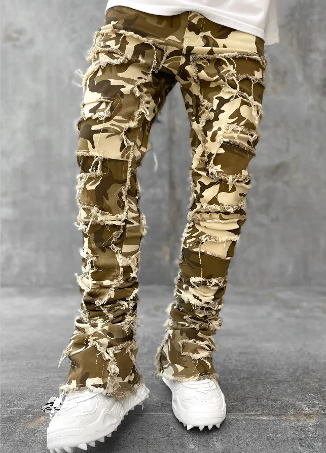 Nuevos pantalones vaqueros de moda para hombre, pantalones de trabajo, ropa de trabajo de moda europea y americana, pantalones acampanados en capas de mezclilla con retales elásticos, S-XXL