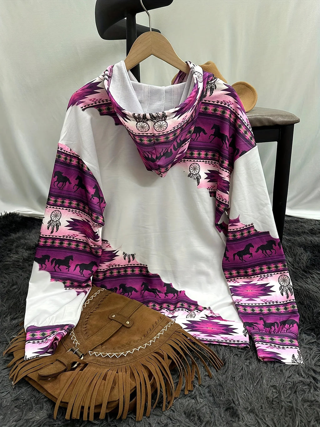 Sudadera con capucha de cuello redondo para mujer, informal, a la moda, estilo étnico occidental, estampado retro, top con capucha para mujer