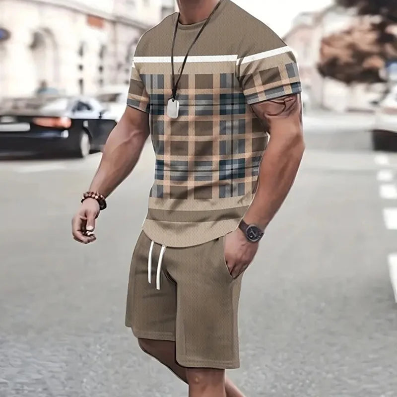 2024 de moda para hombre, ropa deportiva, camiseta de manga corta y pantalones cortos deportivos de verano, traje de retazos Vintage Casual, traje de dos piezas para hombre
