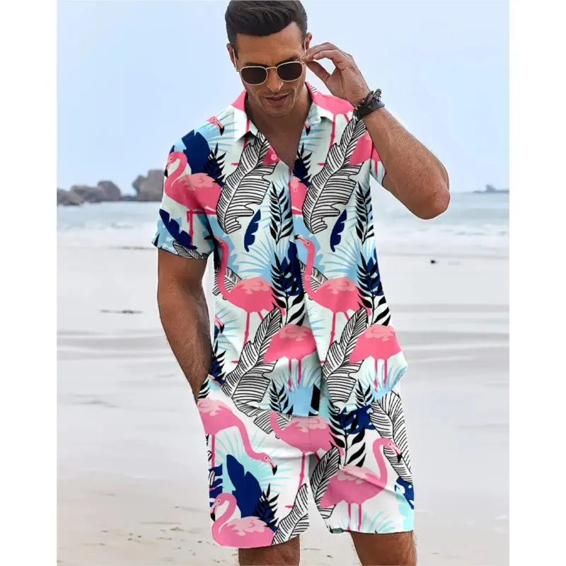 2025 Camisas con estampado de flamencos en 3D para hombre, pantalones cortos hawaianos de manga corta para vacaciones en la playa, conjuntos de moda de tendencia Hip Hop de verano de 2 piezas para hombre