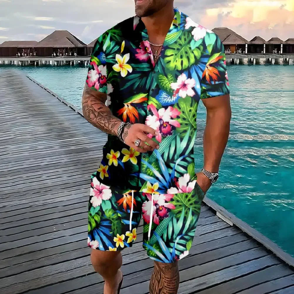 Conjuntos de camisas con estampado 3D de palmera de verano para hombre, camisa de manga corta, pantalones cortos de playa informales de gran tamaño, ropa de calle, trajes hawaianos
