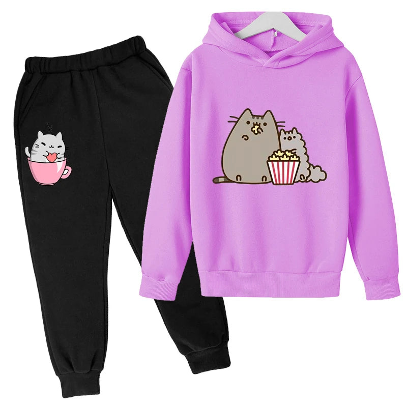 Sudadera con capucha con estampado de gato de Nutella para niños, ropa divertida para niñas y niños, conjuntos de ropa Harajuku Kawaii para niños, Invierno