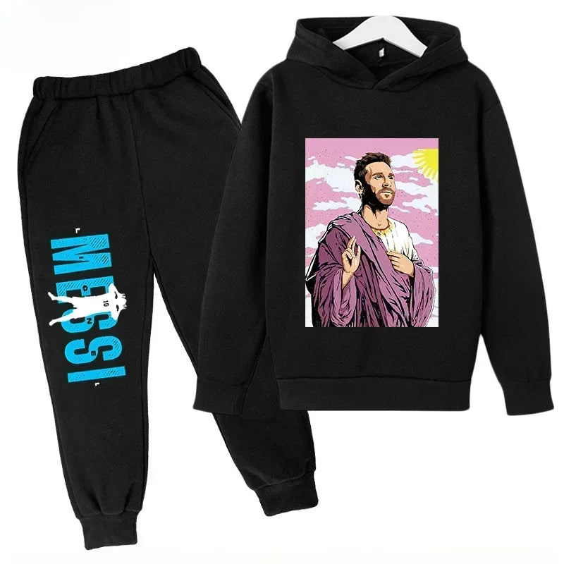 Conjunto deportivo para niños de primavera y otoño, traje con capucha y pantalones con estampado de Messi, conjunto de 2 uds., ropa para niños y niñas, chándal informal de moda