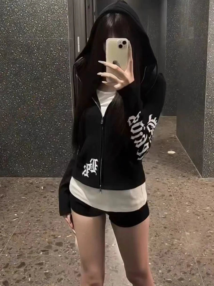 Cárdigan de manga larga con estampado de letras Vintage para mujer, Sudadera con capucha ajustada elegante Hepburn con cremallera, trajes finos con capucha para otoño