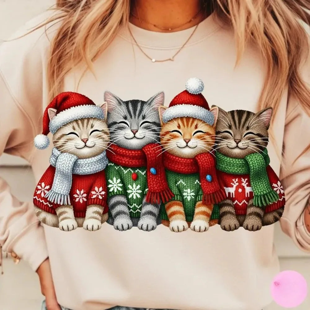 Suéter de mujer con estampado de gatos de Navidad de hilo falso, sudadera de sublimación navideña de gatitos de ganchillo, Sudadera con capucha de regalo de Navidad Kawaii para niña