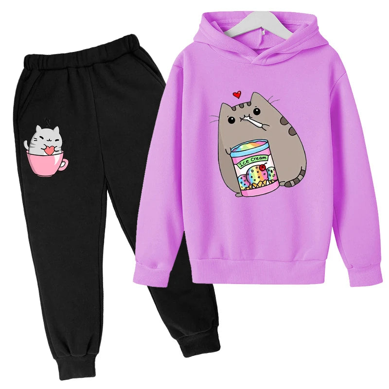 Sudadera con capucha con estampado de gato de Nutella para niños, ropa divertida para niñas y niños, conjuntos de ropa Harajuku Kawaii para niños, Invierno