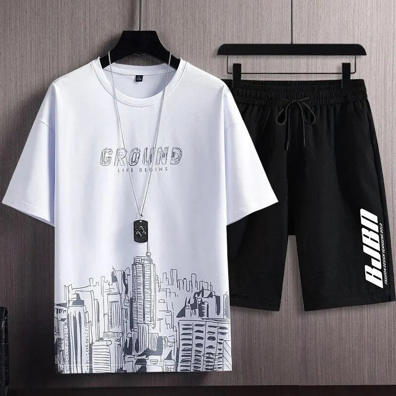 Traje deportivo informal de verano para hombre, sudadera con estampado de ciudad para correr al aire libre, pantalones de chándal transpirables de secado rápido, traje de 2 piezas