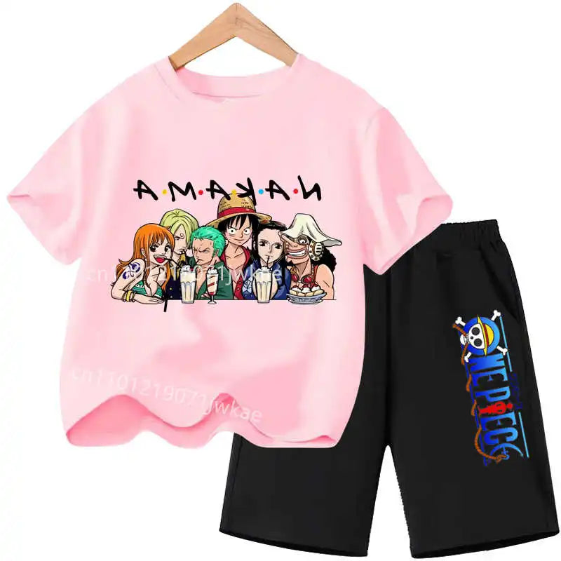 Conjunto de Ropa de Verano para Niños, Camiseta de Manga Corta con Estampado de Anime para Niños y Niñas, Pantalones Cortos, 2 Piezas, Traje de una Pieza para Niños, Chopper Luffy