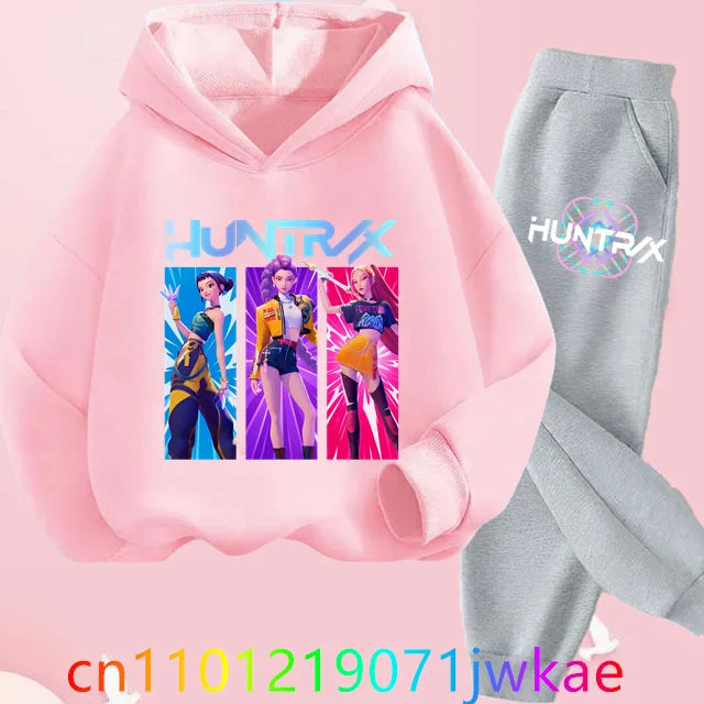 Conjuntos de sudaderas con capucha y pantalones de cazadores de demonios para adolescentes, Sudadera con capucha de película de Anime coreano para niños y niñas, trajes deportivos con capucha de manga larga a la moda
