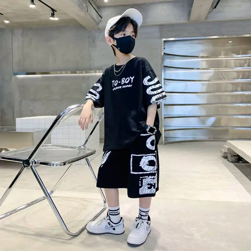 Conjunto de ropa deportiva informal para niños, camisetas de 2 piezas y pantalones, trajes de 3 a 14 años, estilo Hip Hop, moda de verano