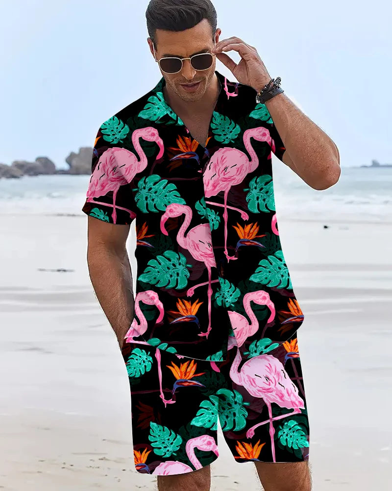 2025 Camisas con estampado de flamencos en 3D para hombre, pantalones cortos hawaianos de manga corta para vacaciones en la playa, conjuntos de moda de tendencia Hip Hop de verano de 2 piezas para hombre