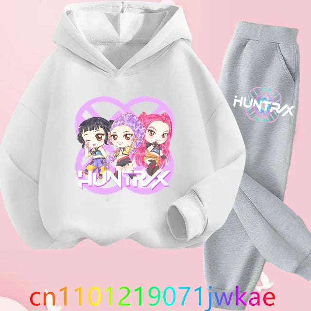 Conjuntos de sudaderas con capucha y pantalones de cazadores de demonios para adolescentes, Sudadera con capucha de película de Anime coreano para niños y niñas, trajes deportivos con capucha de manga larga a la moda