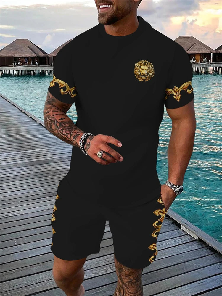 Traje deportivo informal para hombre con estampado divertido, camiseta de manga corta y pantalones cortos con cuello redondo, conjunto de dos piezas, conjunto de moda urbana para exteriores