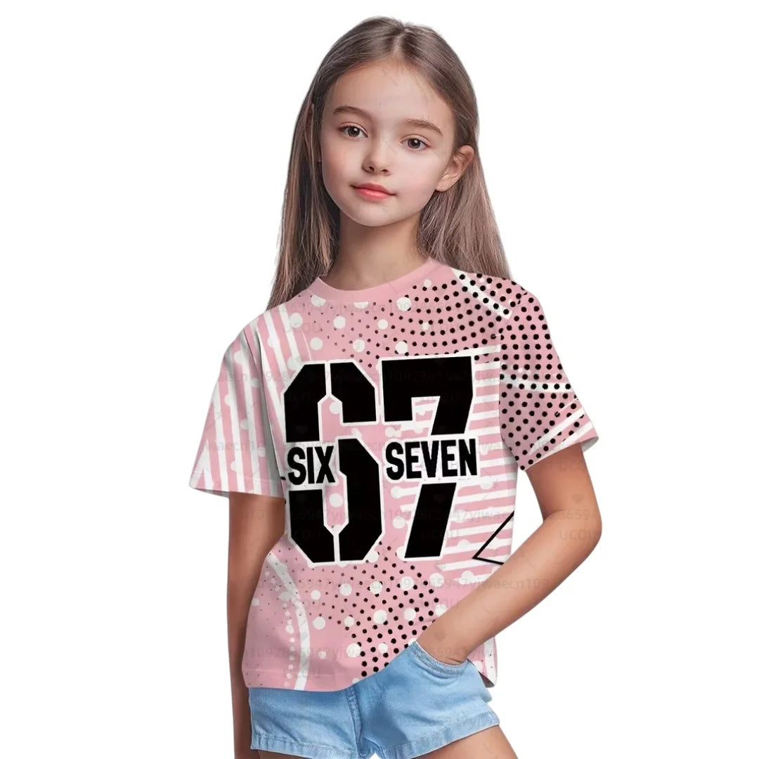 Nueva camiseta 67 Meme para niños y niñas, camisetas de manga corta con estampado 3D de tinta salpicada a la moda para niñas, Top de cuello redondo, ropa holgada para niños