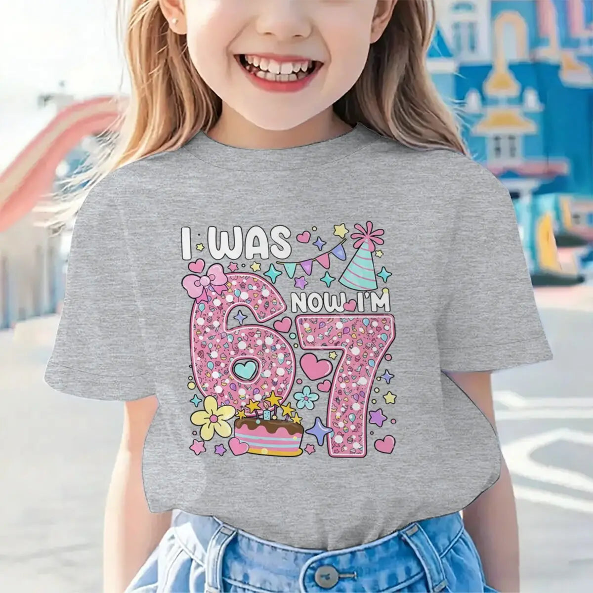 Camiseta para niñas con estampado de números, de algodón, de manga corta y cuello redondo, para el séptimo cumpleaños, con la frase 'I Was 6 Now I'm 7', para niñas de 7 años