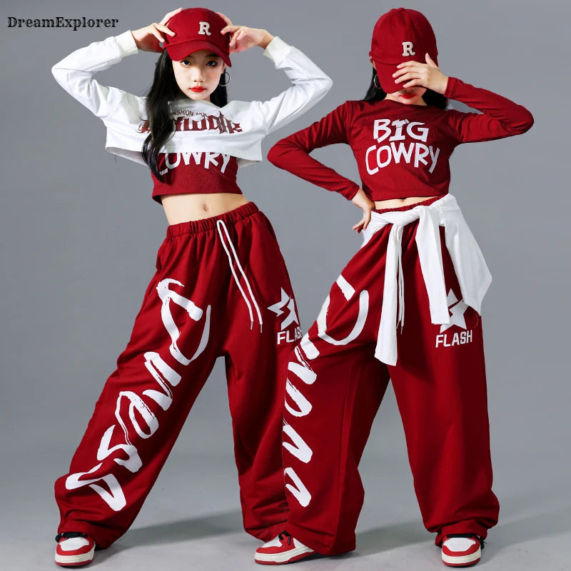 Top corto k-pop para niñas, pantalones deportivos con letras a la moda, conjuntos de ropa de grupo para niñas, ropa informal estilo Hip Hop, disfraces de Jazz para niños