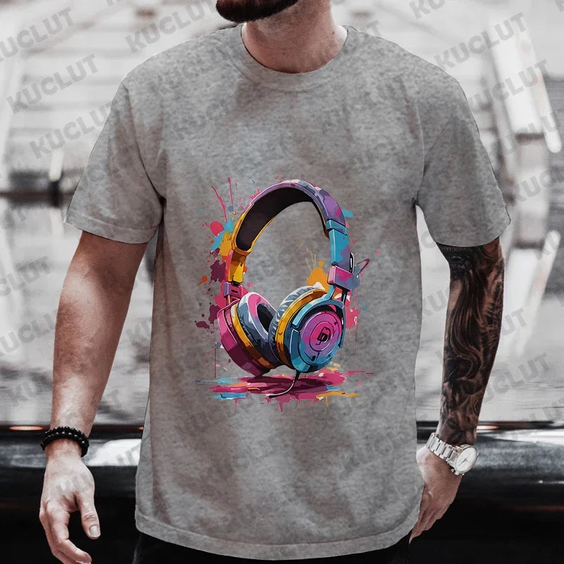 Camiseta de Verano para Hombre, Estilo Hip Hop, con Estampado Gráfico de Auriculares, Ropa Casual Urbana, Divertida, con Estampado Moderno