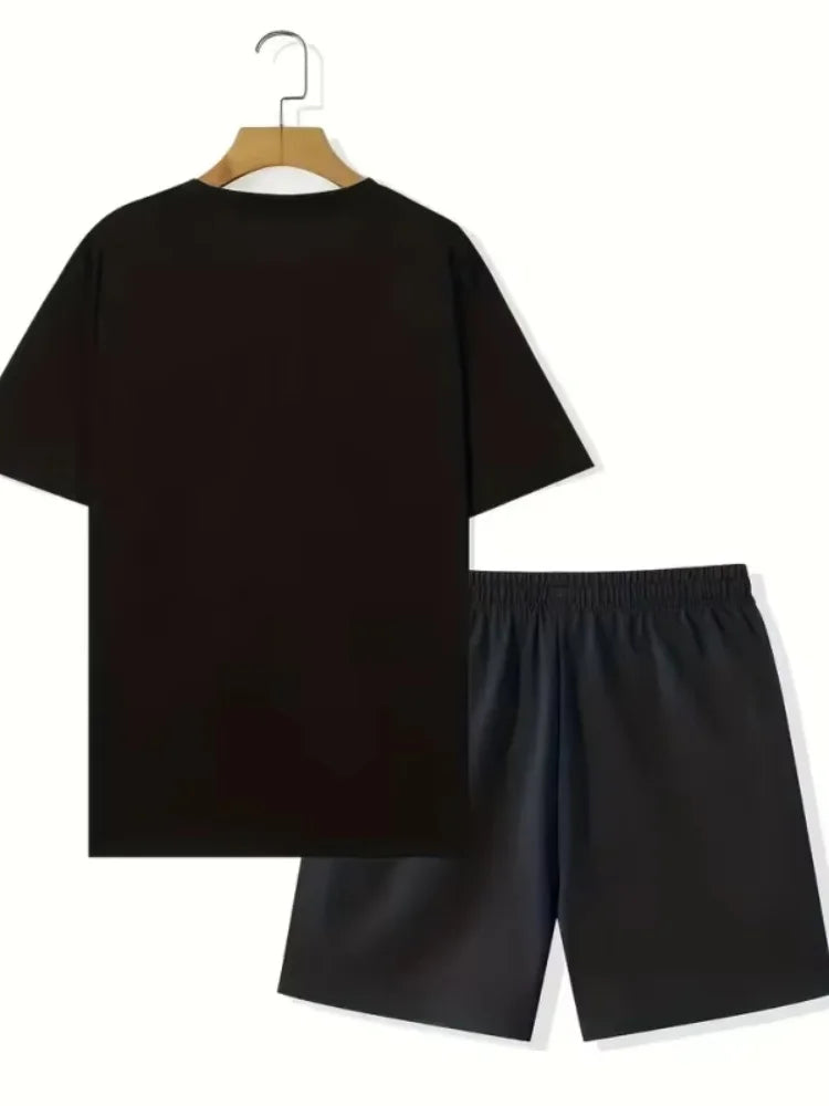 Conjunto de dos piezas de verano para hombre, camiseta de manga corta con cuello redondo y pantalones cortos con cordón, estampado 3D de León Animal, conjunto atlético transpirable para exteriores