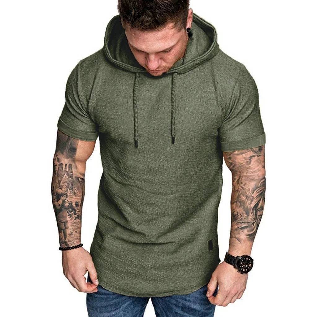 Camiseta de algodón para hombre, camisetas deportivas transpirables ajustadas de Color sólido con capucha de manga corta, camisetas informales ligeras para Fitness para hombre