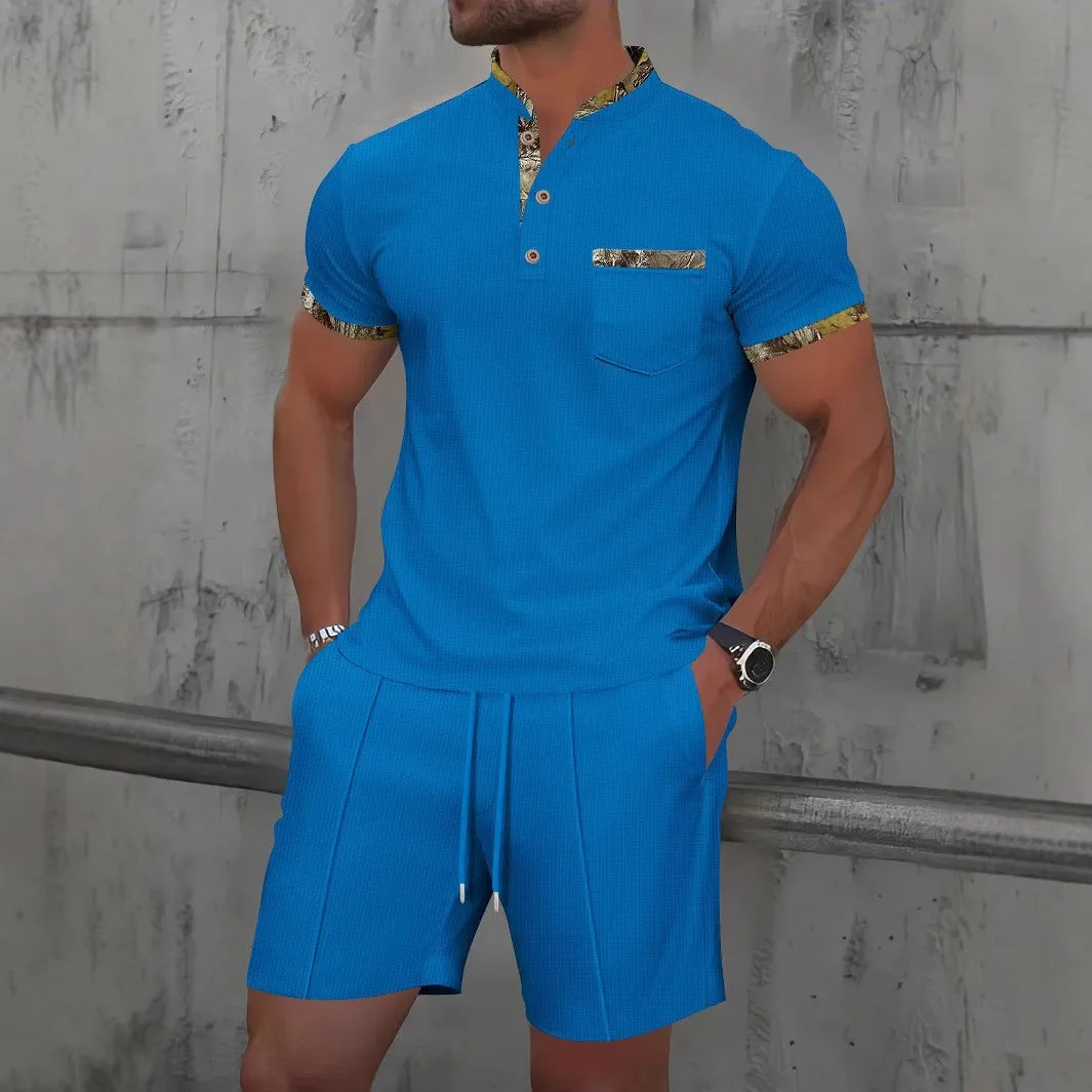 Conjunto de Dos Piezas para Hombre, Verano 2026, Estilo Europeo y Estadounidense, Color Liso, Cierre de Cremallera, Solapa, Manga Corta, Pantalones Cortos