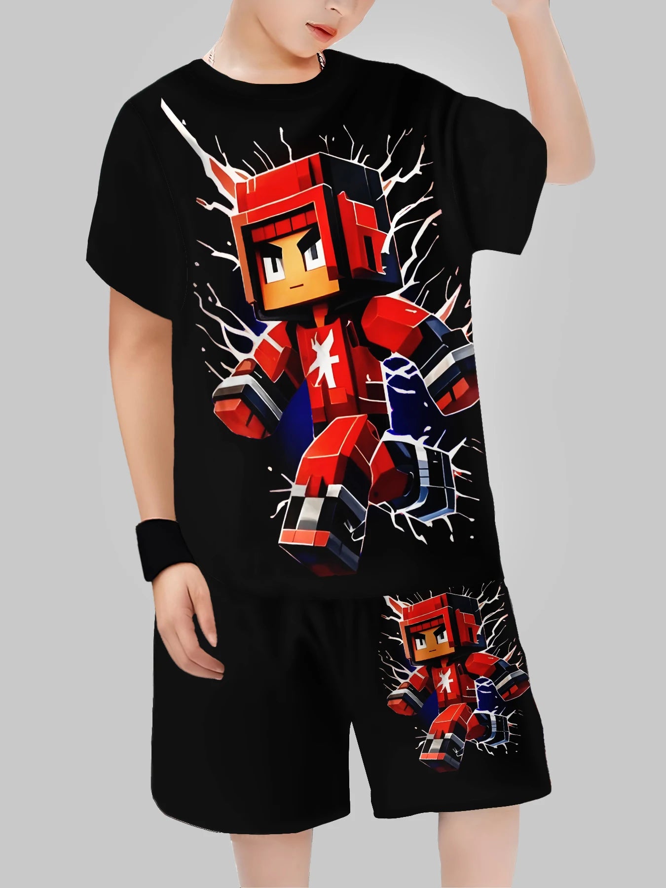 Block Man Impresión Digital Ropa Transfronteriza para niños Camiseta Casual de Manga Corta Ropa para niños