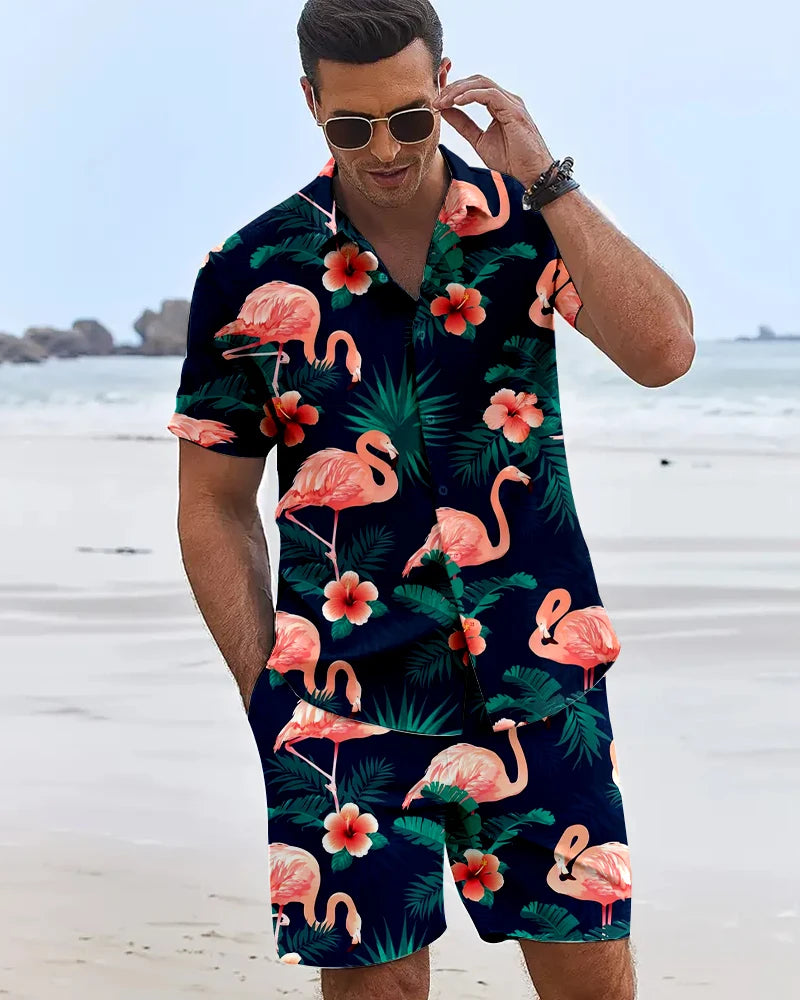 2025 Camisas con estampado de flamencos en 3D para hombre, pantalones cortos hawaianos de manga corta para vacaciones en la playa, conjuntos de moda de tendencia Hip Hop de verano de 2 piezas para hombre