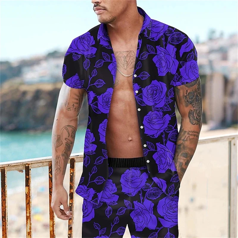 Camisa de manga corta de estilo de vacaciones de playa, conjunto de 2 piezas con estampado de árbol de coco de verano, camisa de un solo botonadura y pantalones cortos con cordón